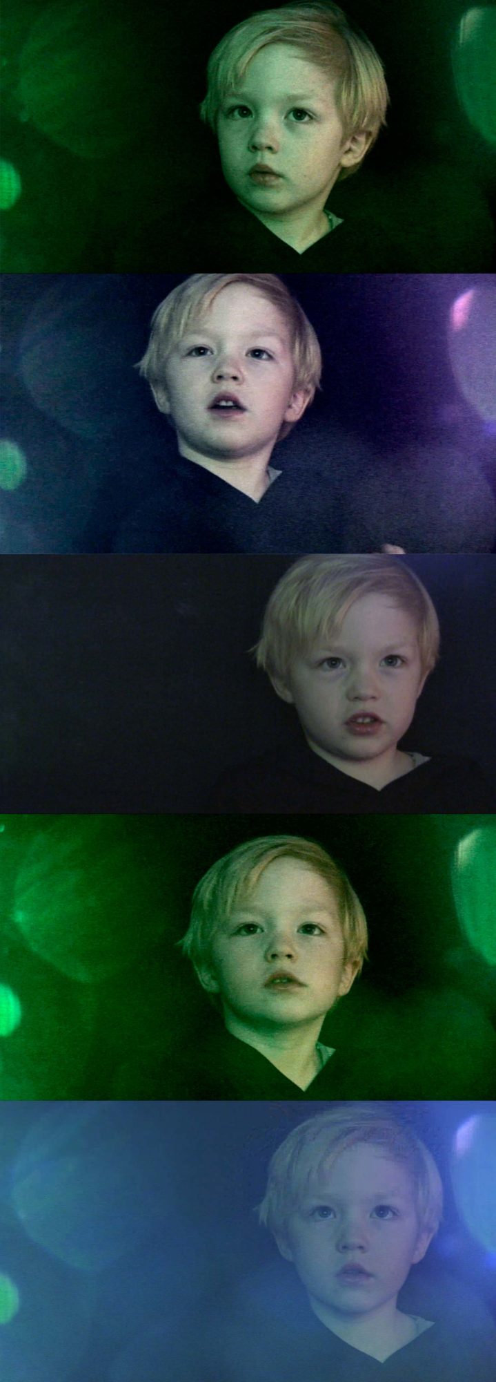 sequence of boy with various expressions on dark background 